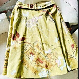 Anthropologie Odille Green Floral Bird A-Line Skirt Size 8 Lined Cotton Belted